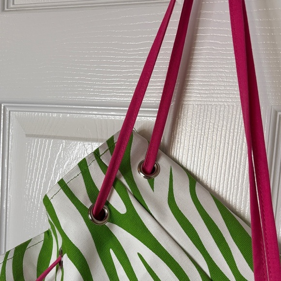 Green and Pink Zebra Print Tote Bag Over the Shoulder 17 x 19 inches Drawstring - Picture 6 of 11